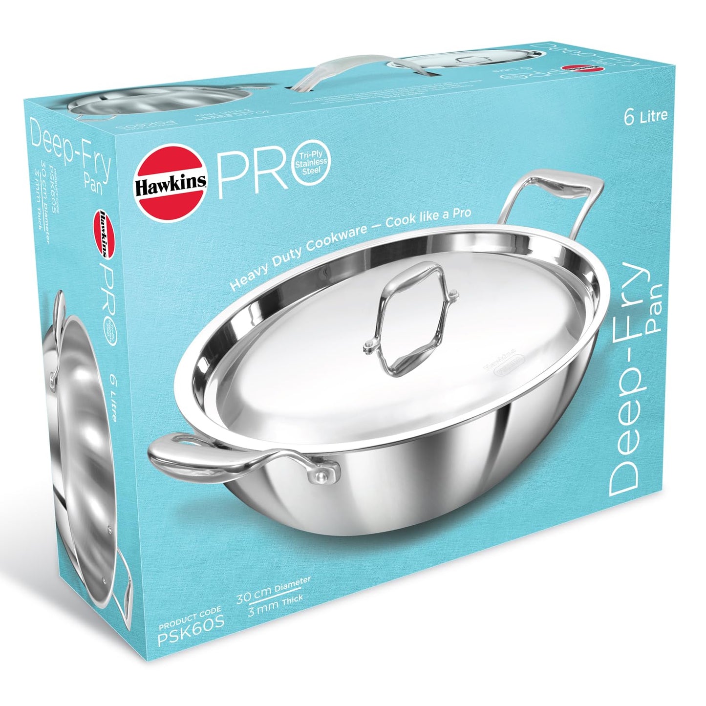 Hawkins Pro 6 Litre Deep-Fry Pan, Triply Stainless Steel Kadhai with Stainless Steel Handles and Stainless Steel Lid, Silver (PSK60S)