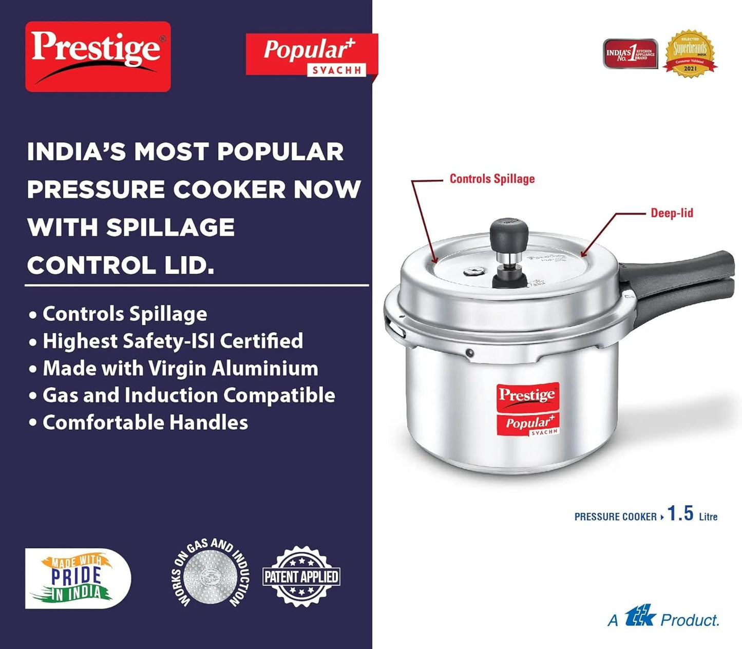 Prestige Popular Plus Svachh Virgin Aluminium Gas And Induction Compatible Outer Lid Pressure Cooker, (Silver),