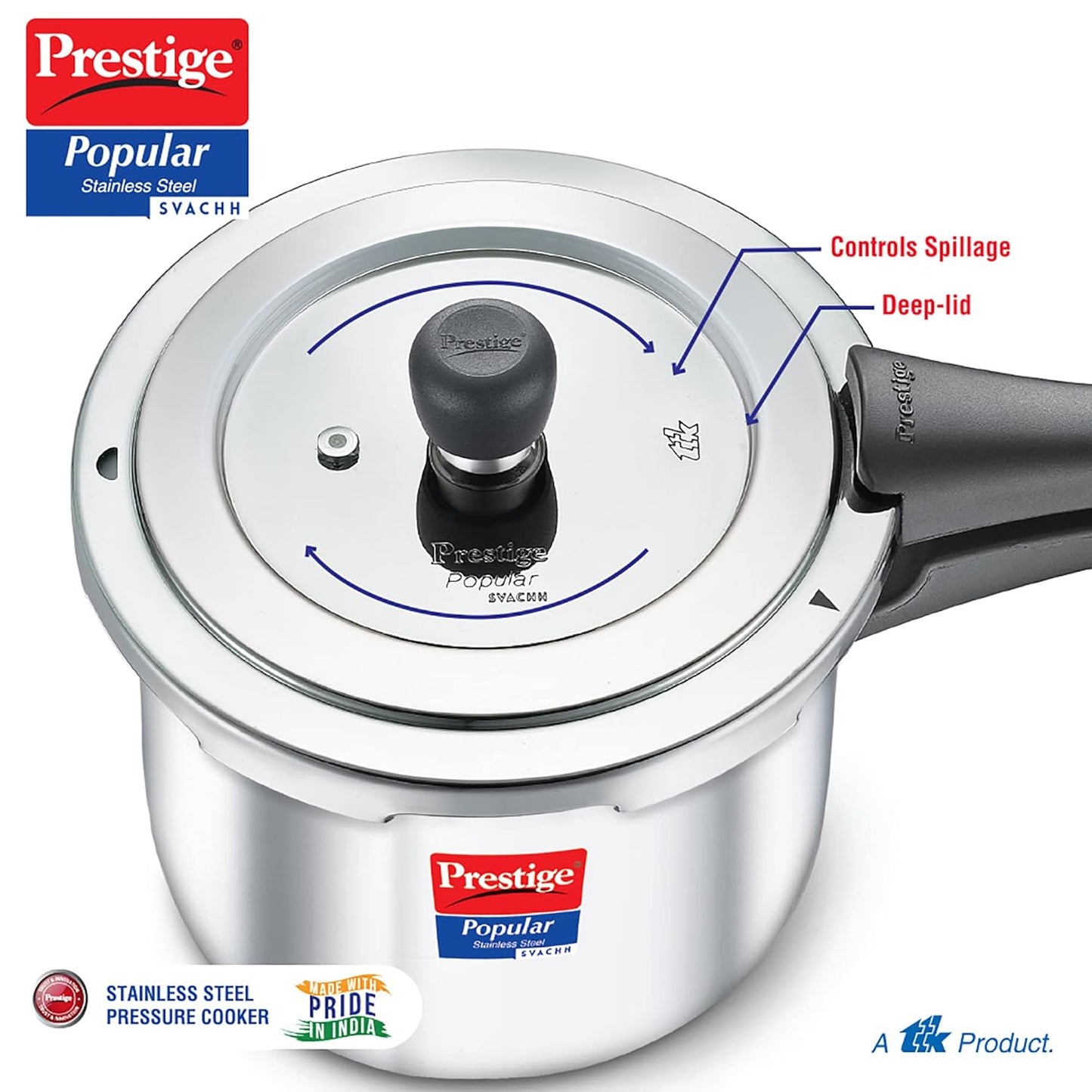 Prestige Popular Svachh Spillage Control Stainless Steel Outer Lid Pressure Cooker Gas & Induction Compatible|5 Years Warranty|Silver