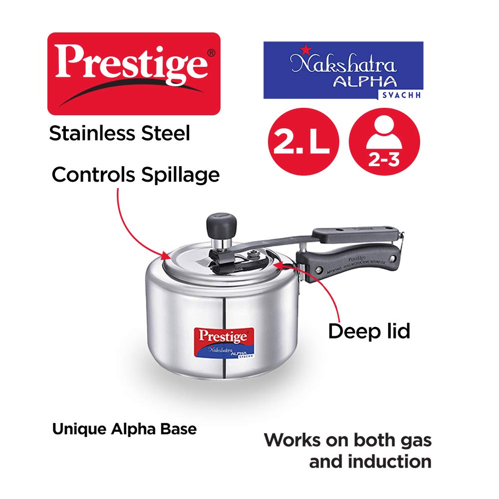 Prestige Svachh Nakshatra Alpha Straight Wall, With Deep Lid For Spillage Control (Silver, Inner Lid, Stainless Steel)