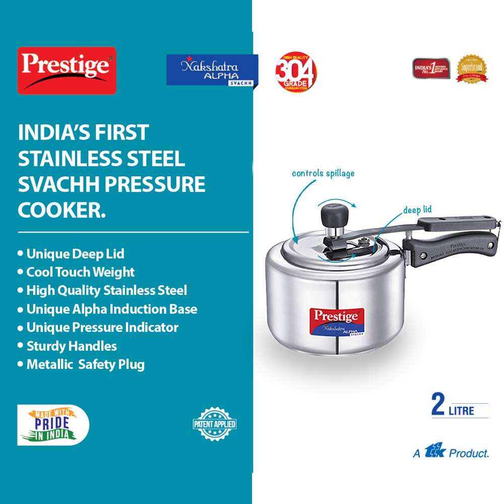 Prestige Svachh Nakshatra Alpha Straight Wall, With Deep Lid For Spillage Control (Silver, Inner Lid, Stainless Steel)