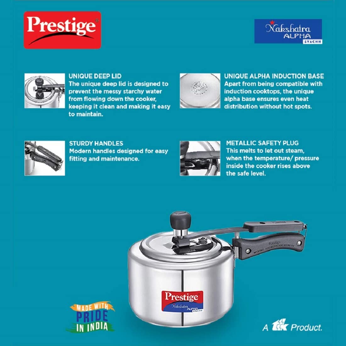 Prestige Svachh Nakshatra Alpha Straight Wall, With Deep Lid For Spillage Control (Silver, Inner Lid, Stainless Steel)