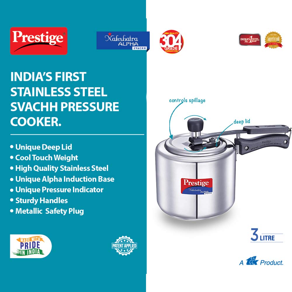 Prestige Svachh Nakshatra Alpha Straight Wall, With Deep Lid For Spillage Control (Silver, Inner Lid, Stainless Steel)