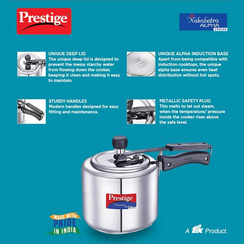 Prestige Svachh Nakshatra Alpha Straight Wall, With Deep Lid For Spillage Control (Silver, Inner Lid, Stainless Steel)