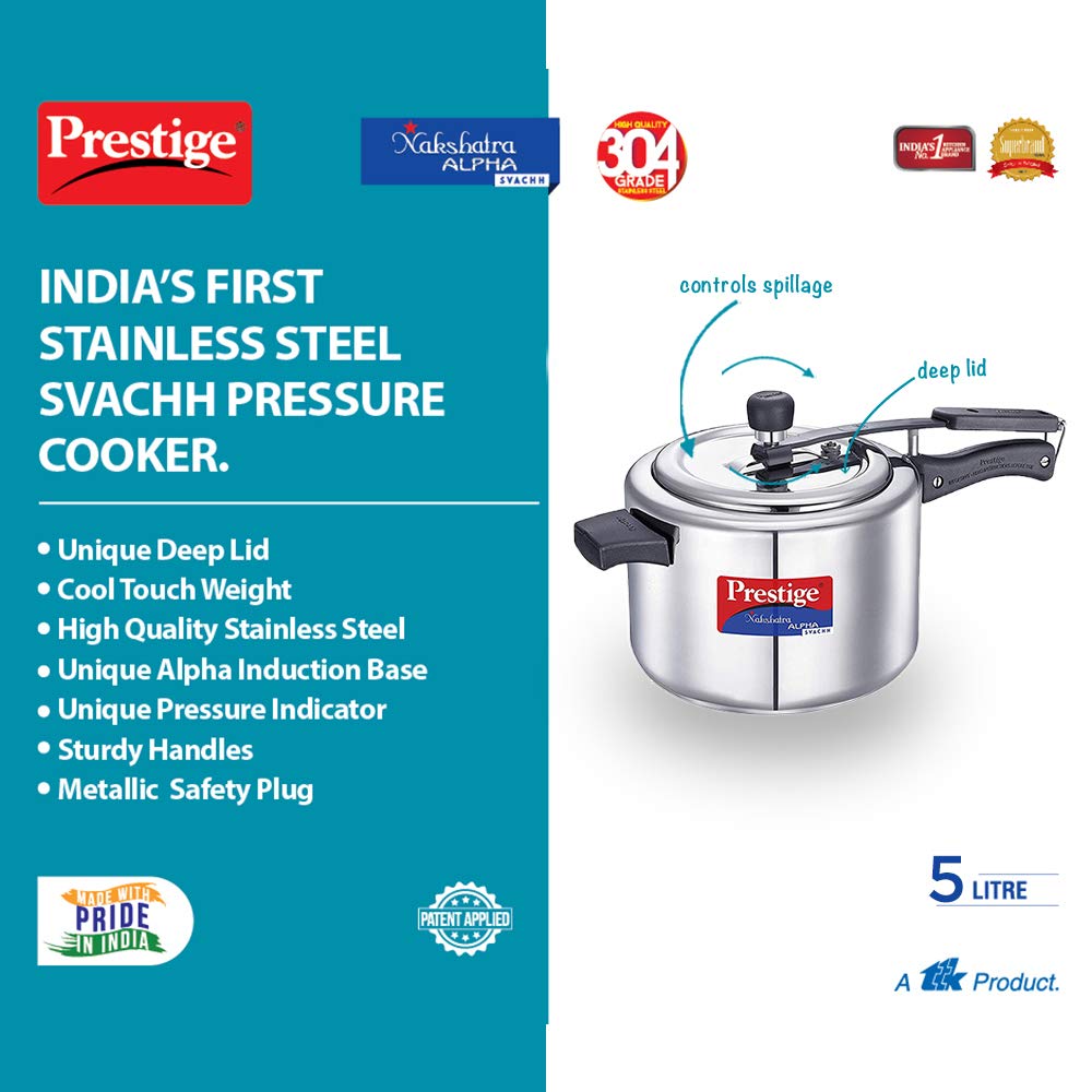 Prestige Svachh Nakshatra Alpha Straight Wall, With Deep Lid For Spillage Control (Silver, Inner Lid, Stainless Steel)