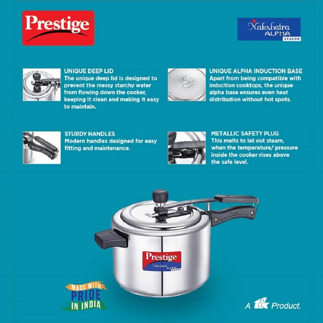 Prestige Svachh Nakshatra Alpha Straight Wall, With Deep Lid For Spillage Control (Silver, Inner Lid, Stainless Steel)