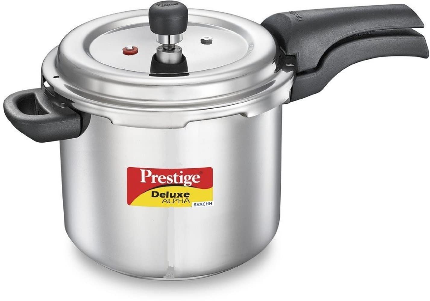 Prestige Svachh Deluxe Alpha Induction Base Outer Lid Stainless Steel Pressure Cooker | Deep lid controls spillage |Silver | Anti-Bulge Base | Sturdy Handles | Pressure Indicator