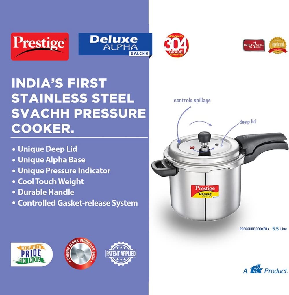 Prestige Svachh Deluxe Alpha Induction Base Outer Lid Stainless Steel Pressure Cooker | Deep lid controls spillage |Silver | Anti-Bulge Base | Sturdy Handles | Pressure Indicator