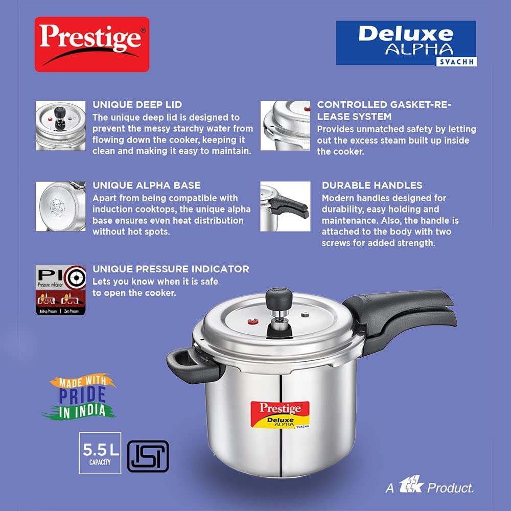 Prestige Svachh Deluxe Alpha Induction Base Outer Lid Stainless Steel Pressure Cooker | Deep lid controls spillage |Silver | Anti-Bulge Base | Sturdy Handles | Pressure Indicator