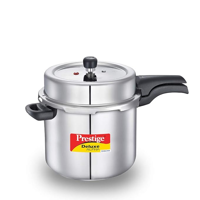 Prestige Svachh Deluxe Alpha Induction Base Outer Lid Stainless Steel Pressure Cooker | Deep lid controls spillage |Silver | Anti-Bulge Base | Sturdy Handles | Pressure Indicator