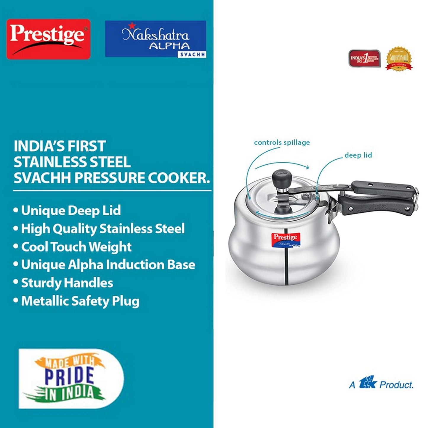 Prestige Svachh, Nakshatra Alpha Svachh Handi, With Deep Lid For Spillage Control (Inner Lid, Stainless Steel, Silver),