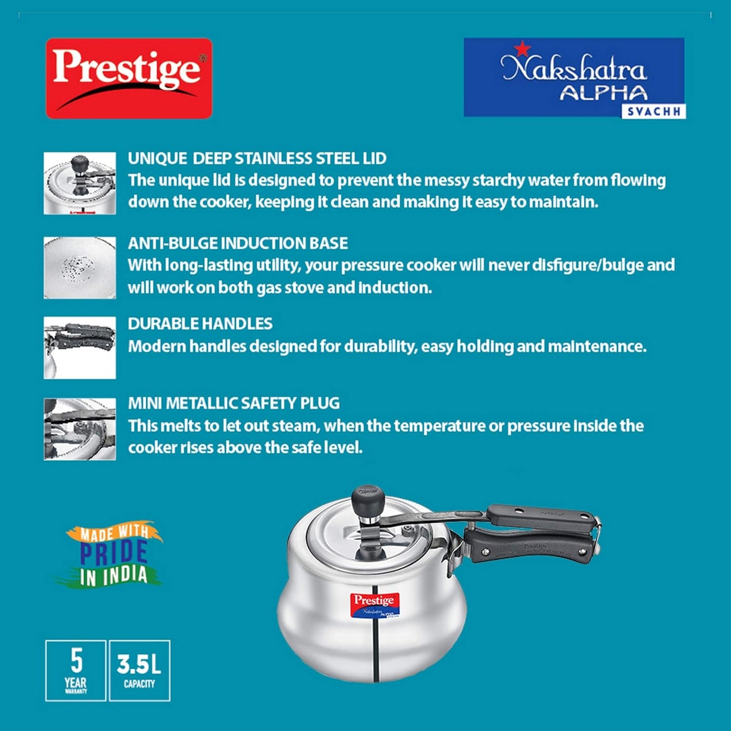 Prestige Svachh, Nakshatra Alpha Svachh Handi, With Deep Lid For Spillage Control (Inner Lid, Stainless Steel, Silver),