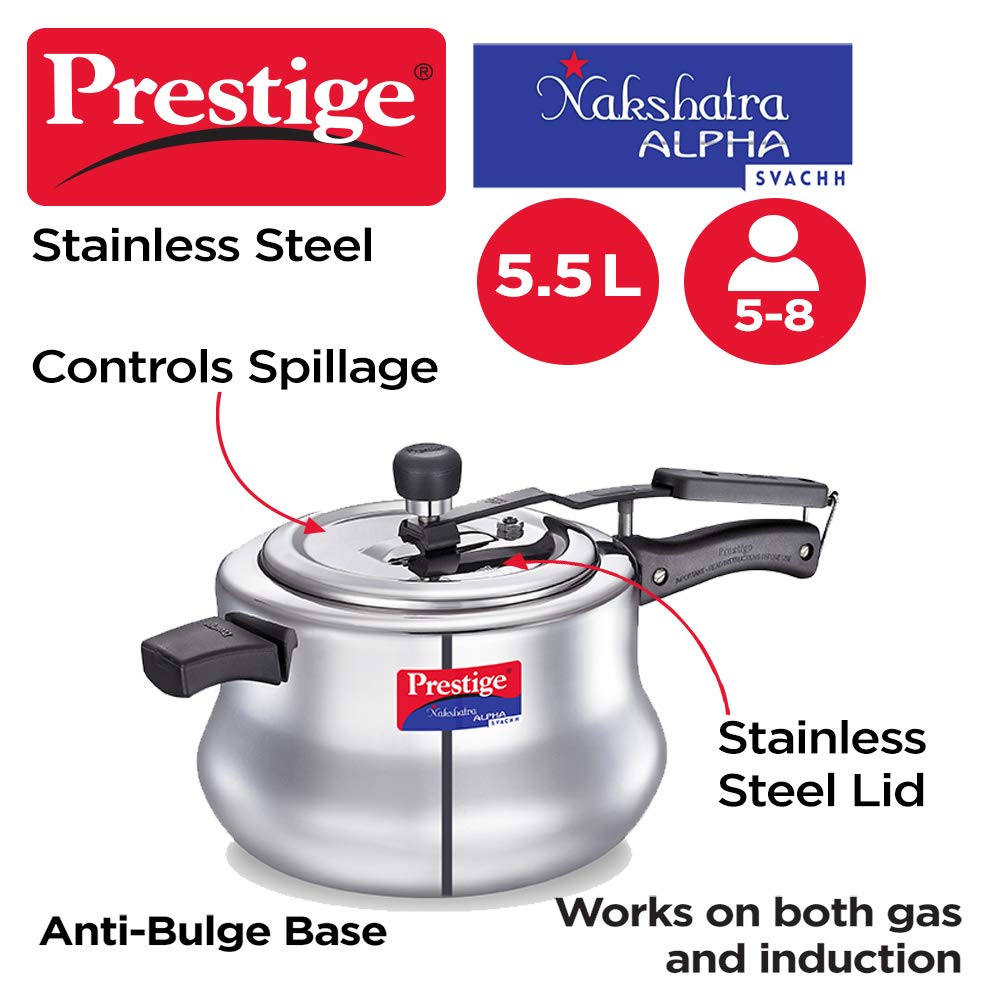 Prestige Svachh, Nakshatra Alpha Svachh Handi, With Deep Lid For Spillage Control (Inner Lid, Stainless Steel, Silver),