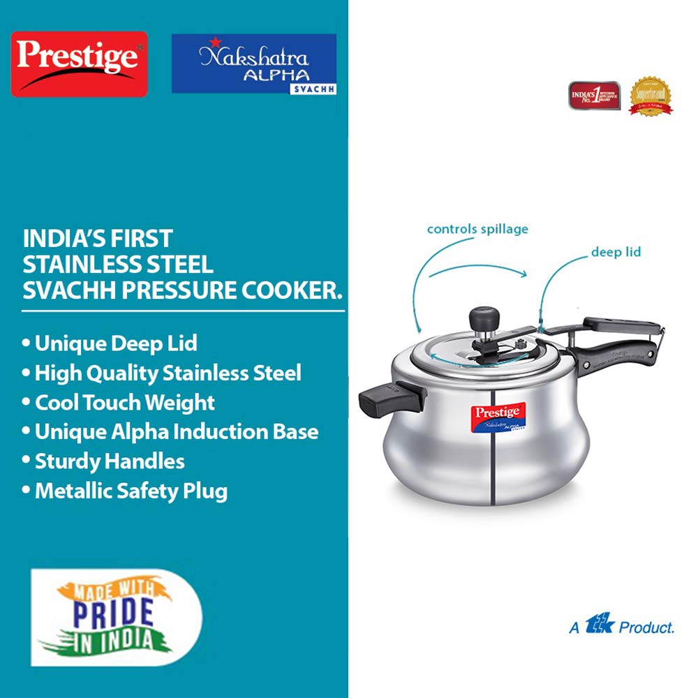 Prestige Svachh, Nakshatra Alpha Svachh Handi, With Deep Lid For Spillage Control (Inner Lid, Stainless Steel, Silver),