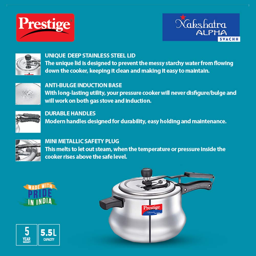 Prestige Svachh, Nakshatra Alpha Svachh Handi, With Deep Lid For Spillage Control (Inner Lid, Stainless Steel, Silver),