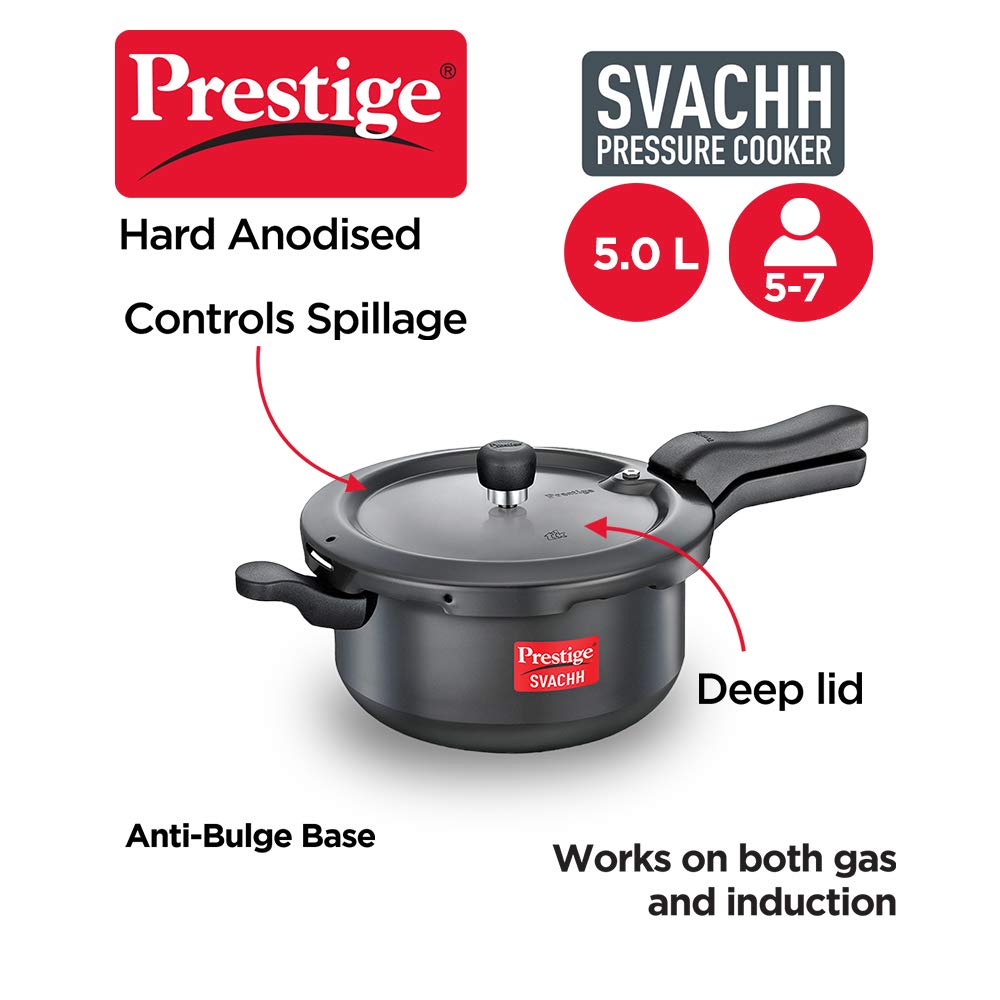 Prestige Svachh Pressure Pan, With Deep Lid For Spillage Control, Outer Lid, Aluminium, Black