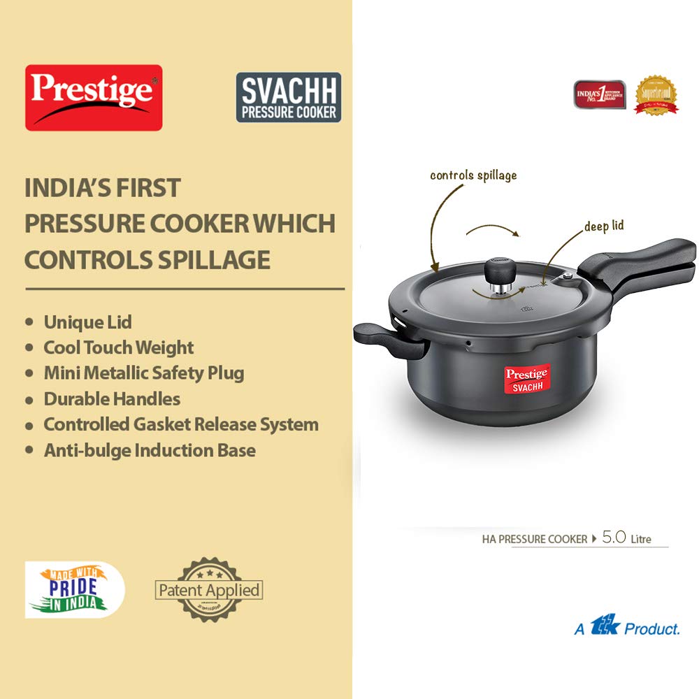 Prestige Svachh Pressure Pan, With Deep Lid For Spillage Control, Outer Lid, Aluminium, Black