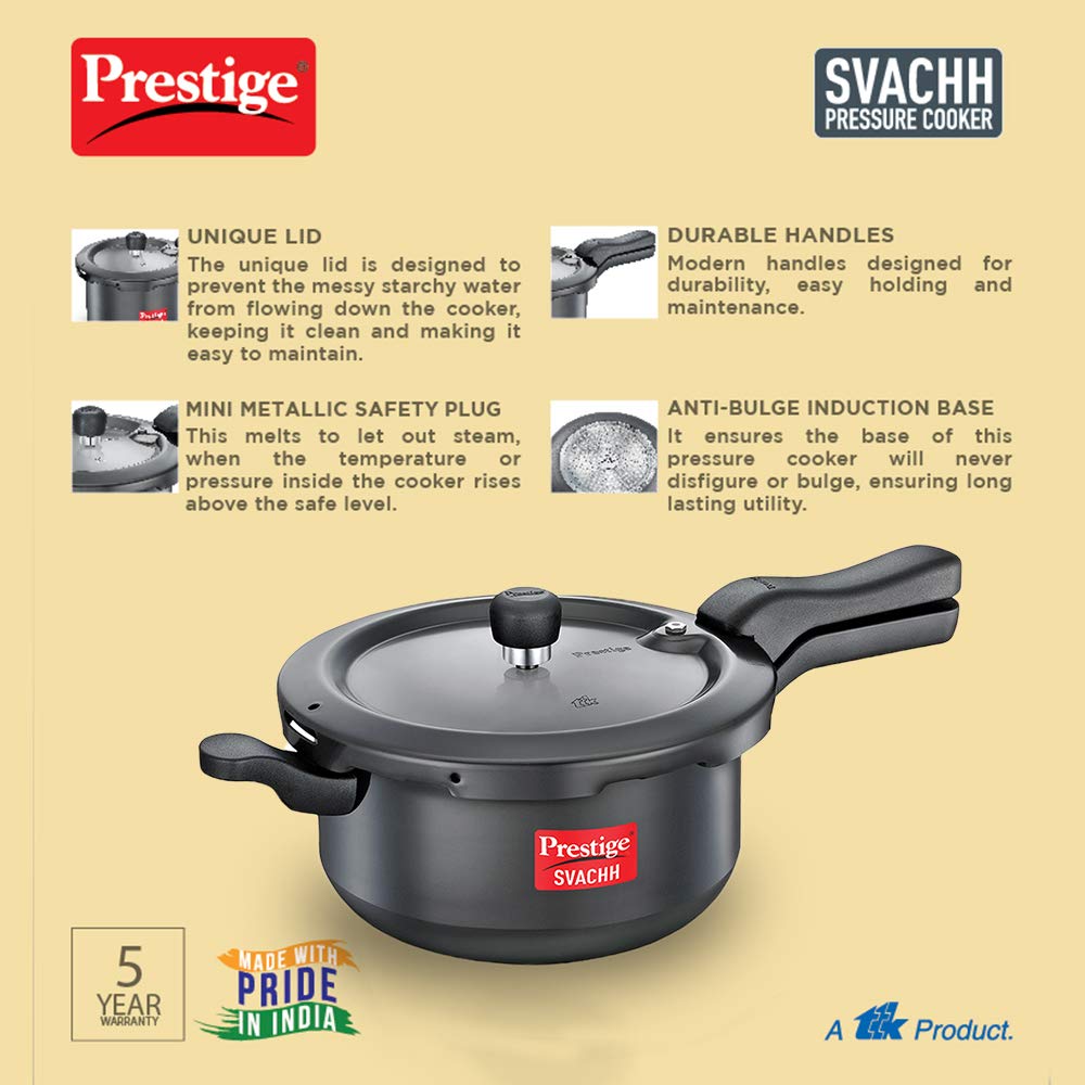 Prestige Svachh Pressure Pan, With Deep Lid For Spillage Control, Outer Lid, Aluminium, Black