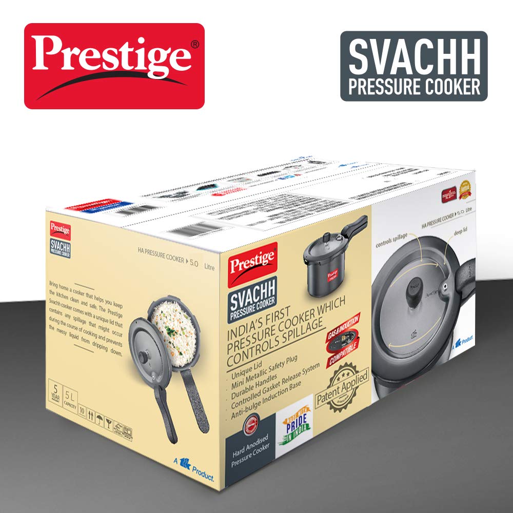 Prestige Svachh Pressure Pan, With Deep Lid For Spillage Control, Outer Lid, Aluminium, Black