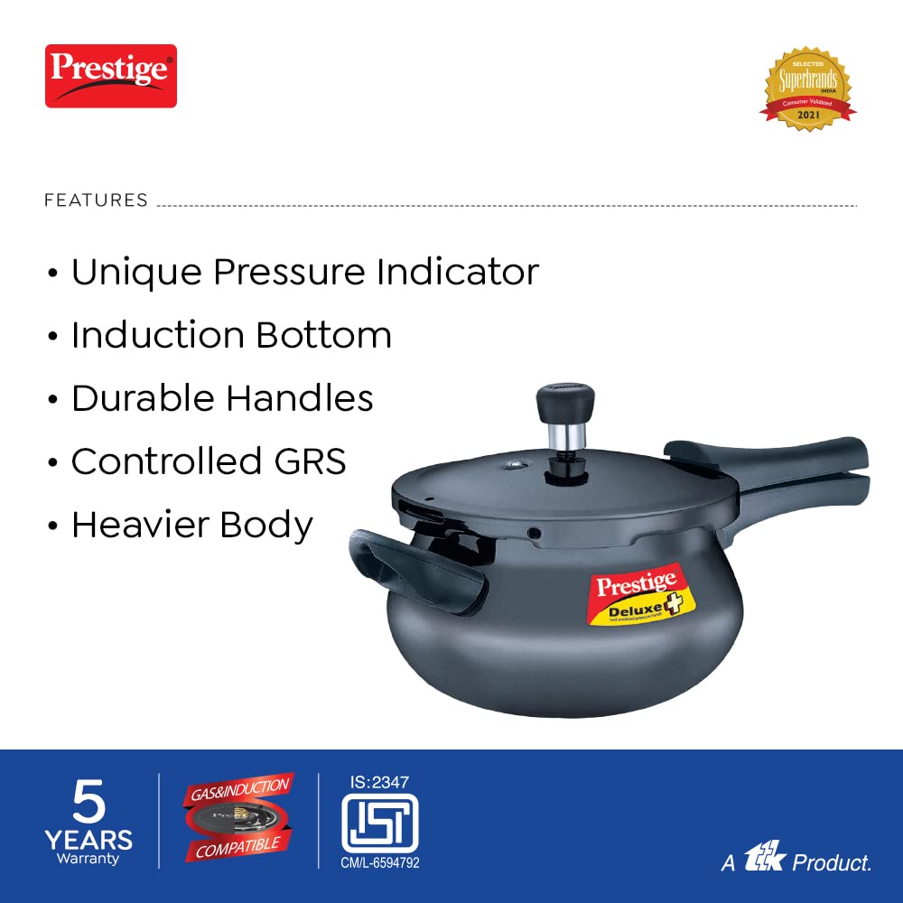 Prestige Deluxe Plus Baby Induction Base Hard Anodized Aluminium Outer Lid Pressure Handis, Black,