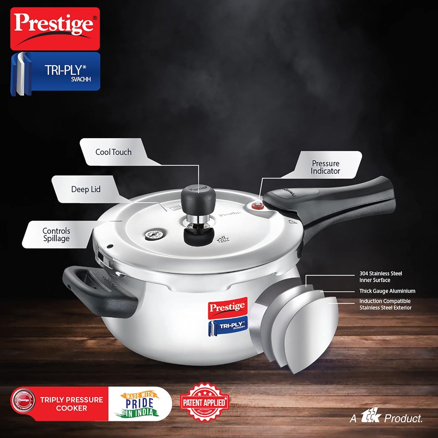 Prestige Svachh Tri-Ply handi pressure cooker(outer lid)|Deep Lid for spillage control|Metallic Safety Plus|5 years warranty