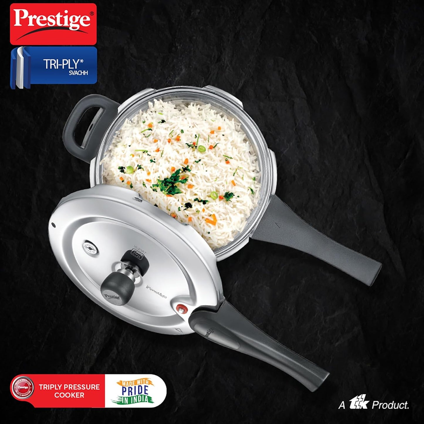 Prestige Svachh Tri-Ply handi pressure cooker(outer lid)|Deep Lid for spillage control|Metallic Safety Plus|5 years warranty