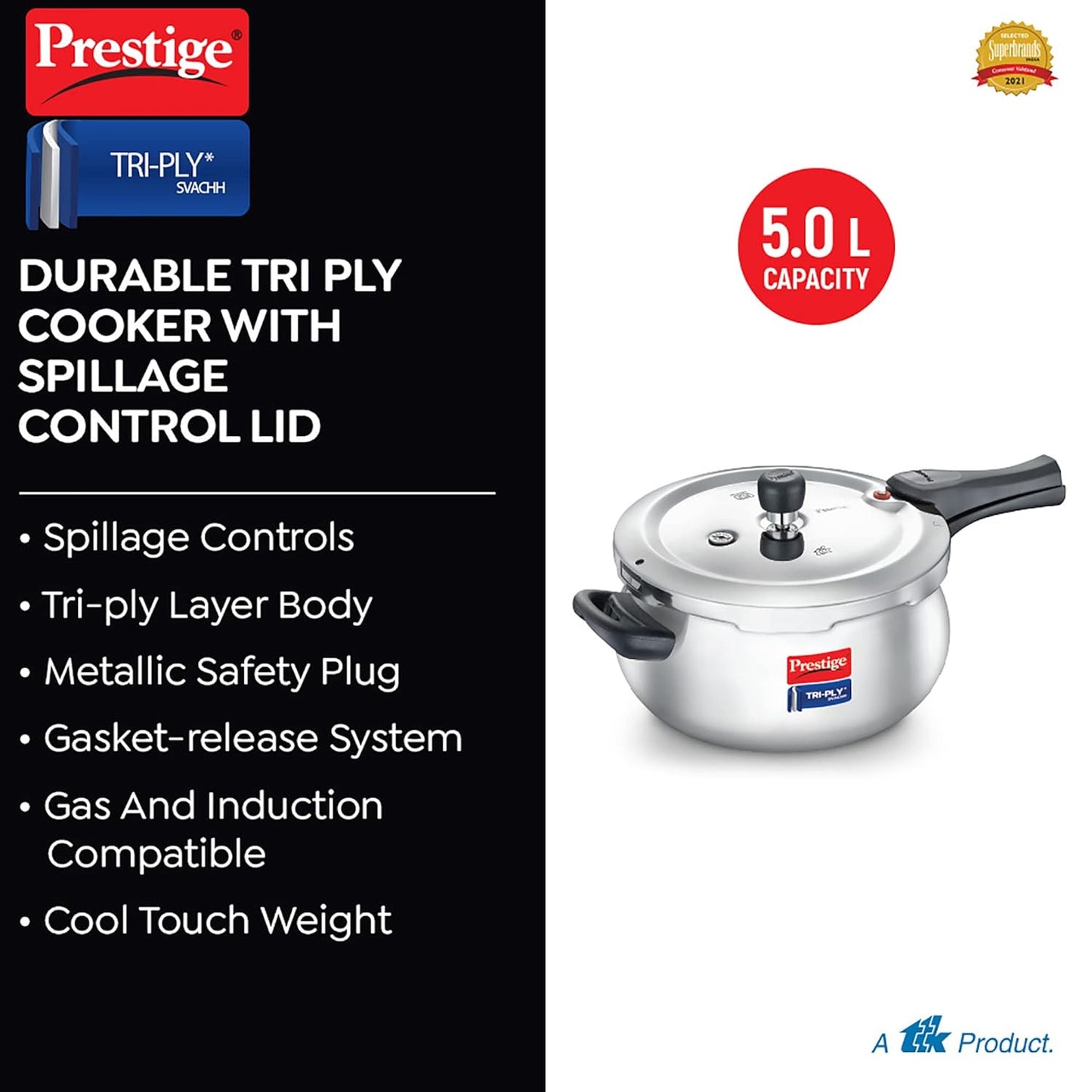 Prestige Svachh Tri-Ply handi pressure cooker(outer lid)|Deep Lid for spillage control|Metallic Safety Plus|5 years warranty