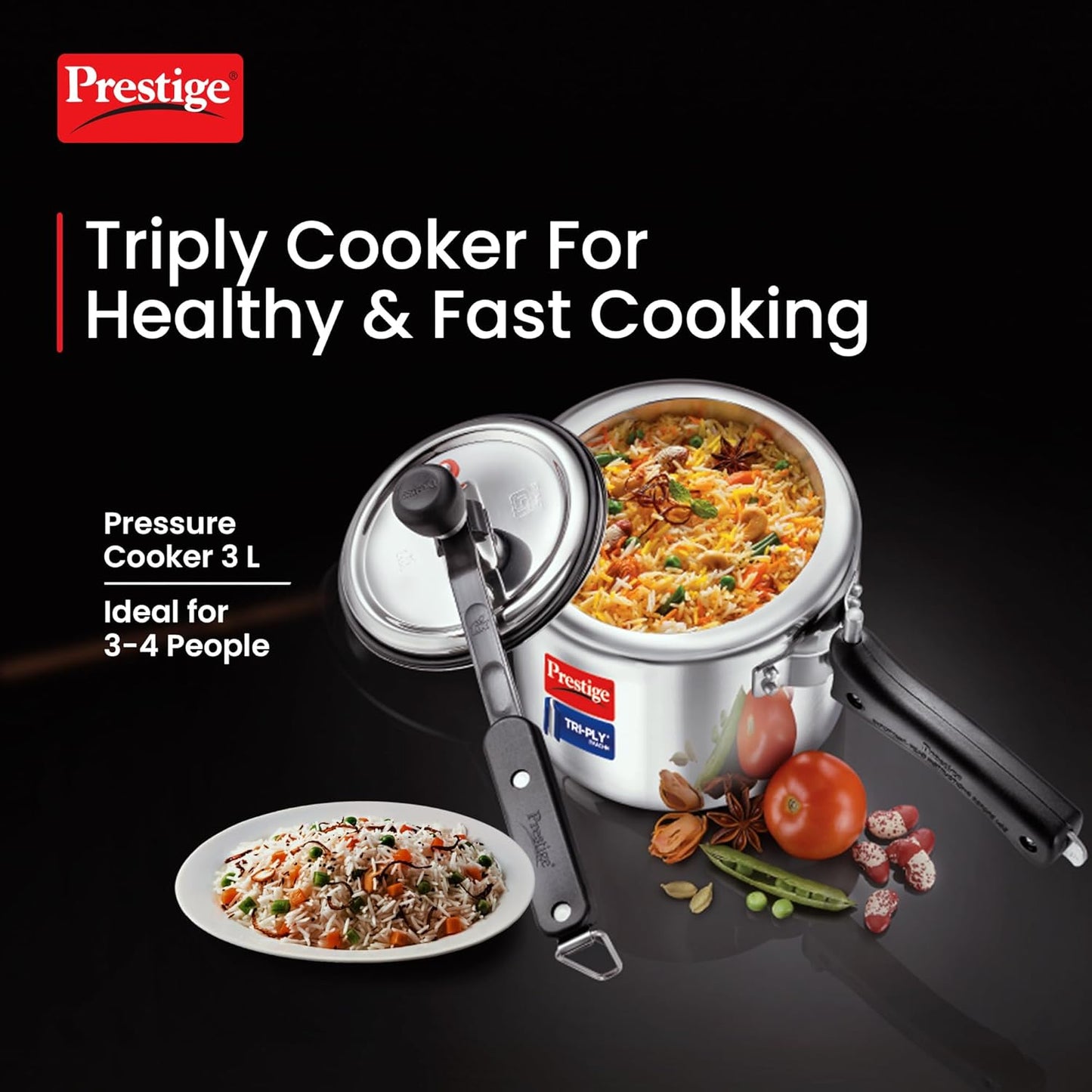 Prestige 3 L Tri-Ply Svachh Inner Lid Pressure Cooker| Gas and Induction Compatible| Spillage Control| Even Heat Distribution| Low Cooking Oil| Faster Cooking| 5 Years Warranty| Silver