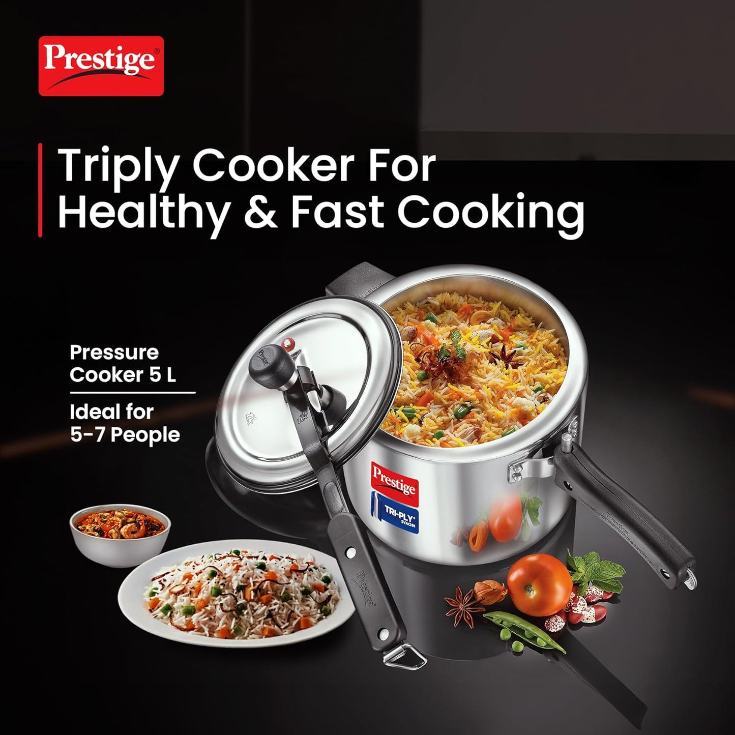 Prestige 5 L Tri-Ply Svachh Inner Lid Pressure Cooker| Gas and Induction Compatible| Spillage Control| Even Heat Distribution| Low Cooking Oil| Faster Cooking| 5 Years Warranty| Silver