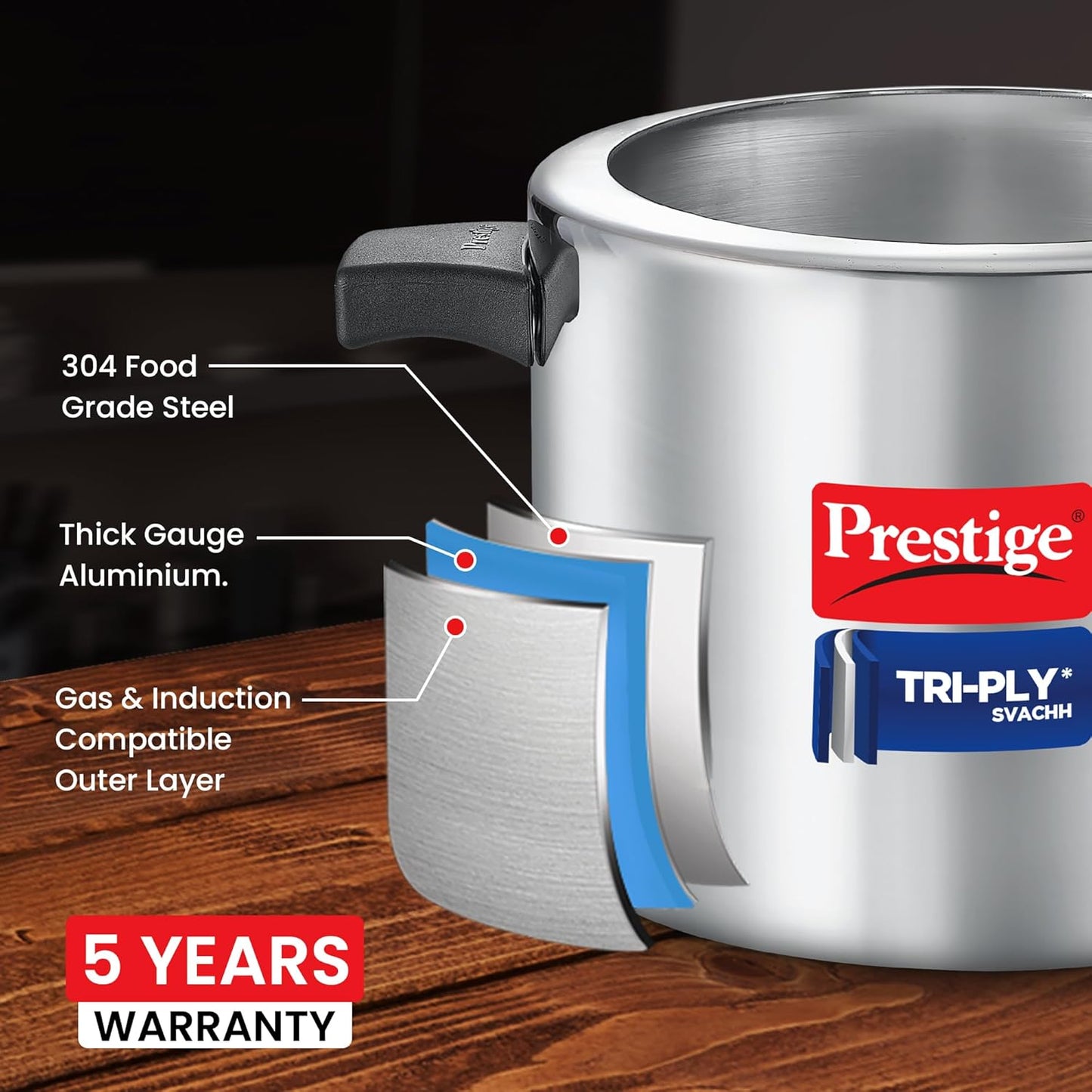 Prestige 5 L Tri-Ply Svachh Inner Lid Pressure Cooker| Gas and Induction Compatible| Spillage Control| Even Heat Distribution| Low Cooking Oil| Faster Cooking| 5 Years Warranty| Silver