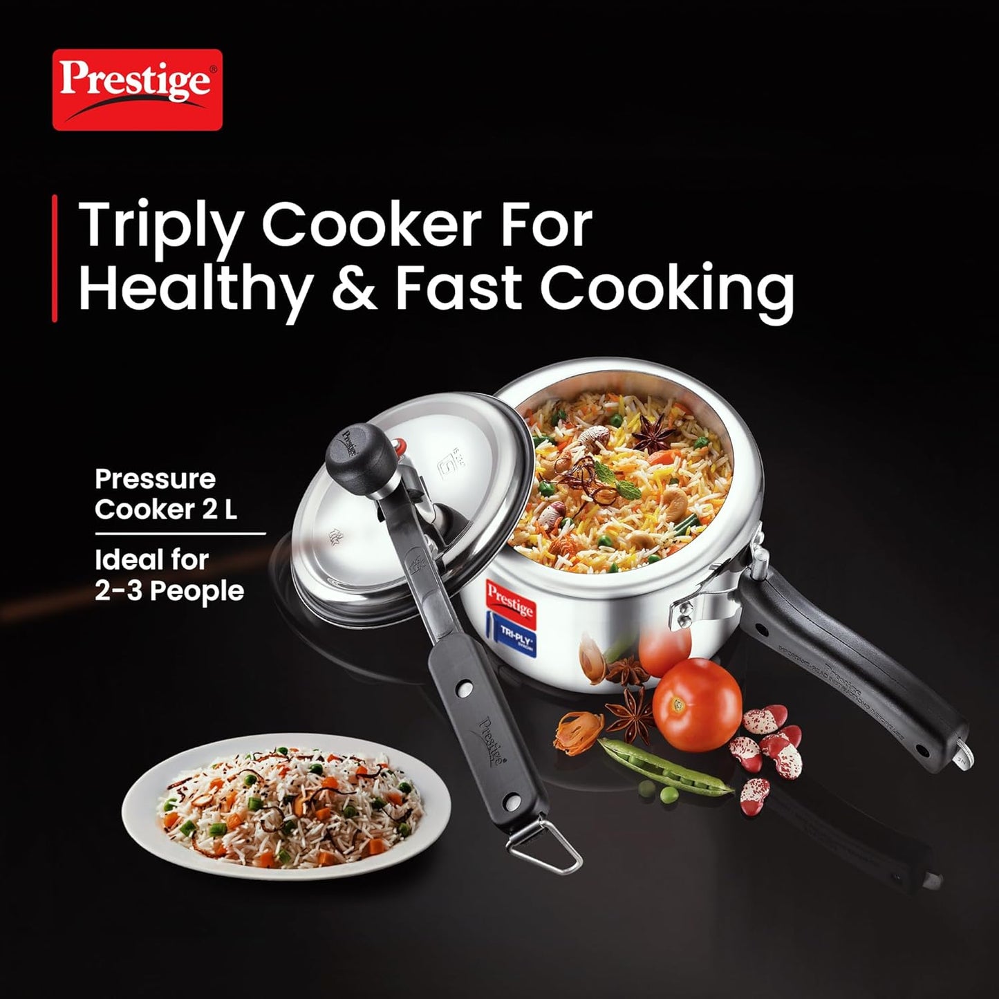 Prestige 2 L Tri-Ply Svachh Inner Lid Pressure Cooker| Gas and Induction Compatible| Spillage Control| Even Heat Distribution| Low Cooking Oil| Faster Cooking| 5 Years Warranty| Silver