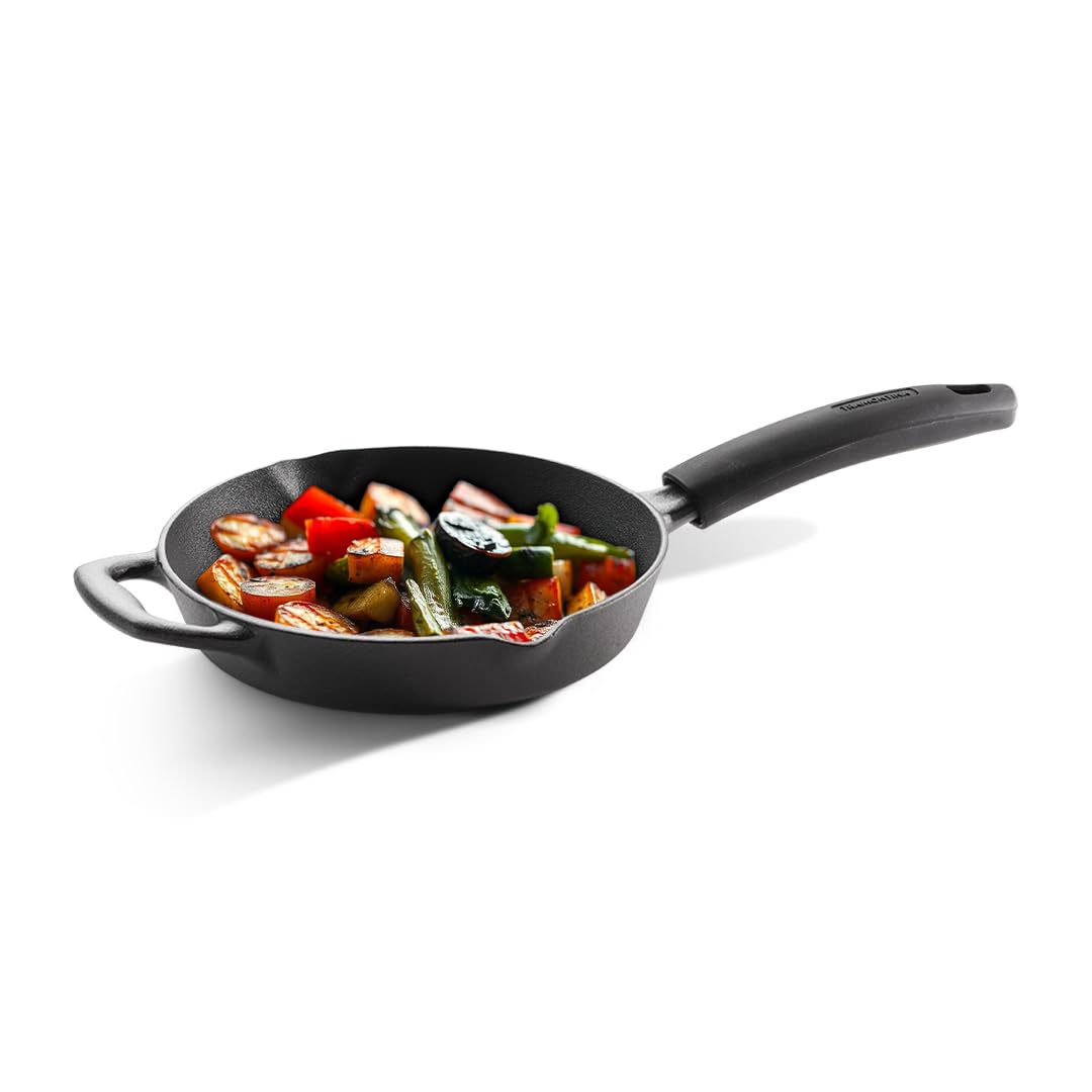 TRAMONTINA Titanex Pre-Seasoned Cast Iron Fry Pan, Non-Toxic, Induction Ready, Easy Hold Non-Slip Heat-Resistant Grip, Natural Stone Finish, Superior Heat Retention, Spill-Free Side Spouts