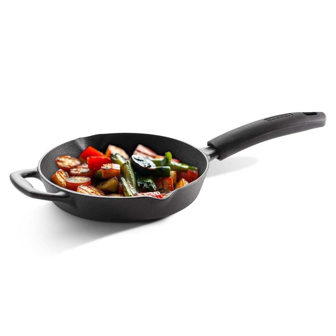 TRAMONTINA Titanex Pre-Seasoned Cast Iron Fry Pan, Non-Toxic, Induction Ready, Easy Hold Non-Slip Heat-Resistant Grip, Natural Stone Finish, Superior Heat Retention, Spill-Free Side Spouts