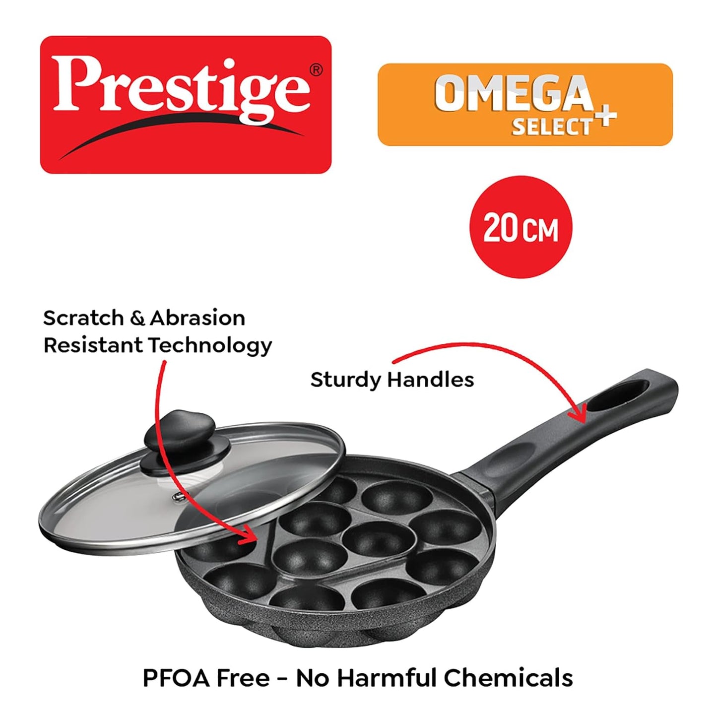 Prestige Omega Select Plus Non-Stick Paniyarakkal with lid (Appe Maker)|12 pits| 20cm|Residue Free Coating |Metal Spoon Friendly