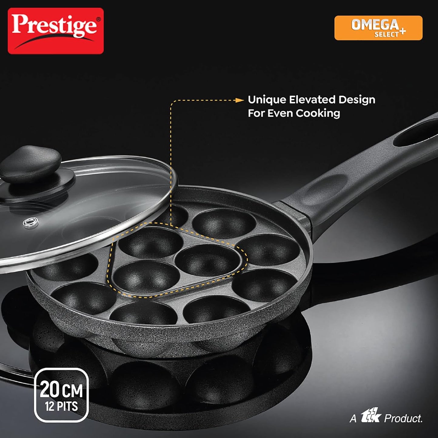 Prestige Omega Select Plus Non-Stick Paniyarakkal with lid (Appe Maker)|12 pits| 20cm|Residue Free Coating |Metal Spoon Friendly