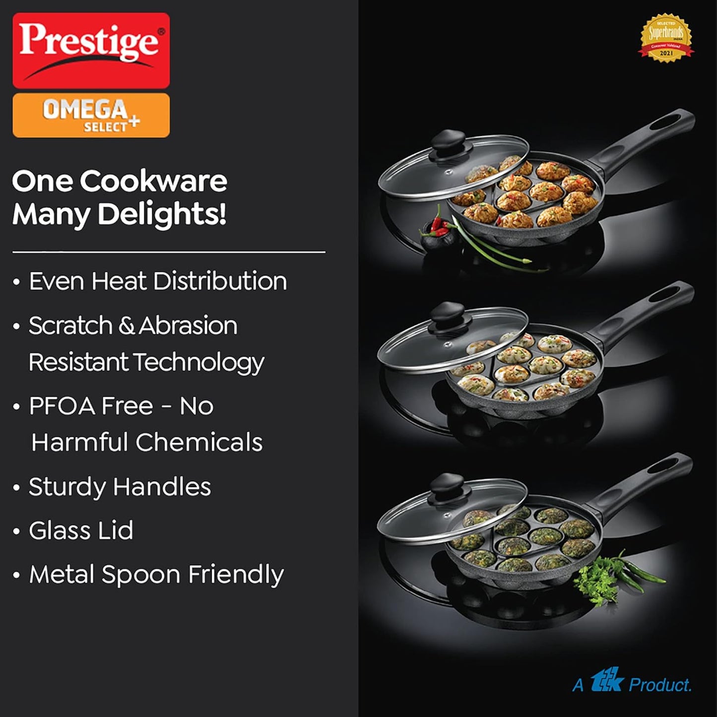 Prestige Omega Select Plus Non-Stick Paniyarakkal with lid (Appe Maker)|12 pits| 20cm|Residue Free Coating |Metal Spoon Friendly