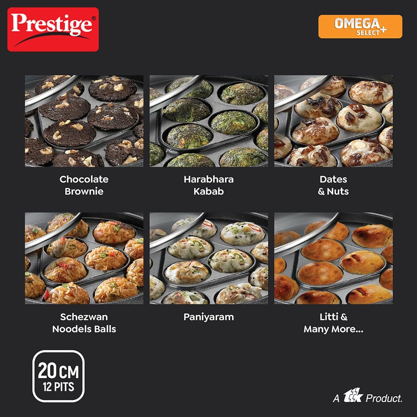 Prestige Omega Select Plus Non-Stick Paniyarakkal with lid (Appe Maker)|12 pits| 20cm|Residue Free Coating |Metal Spoon Friendly