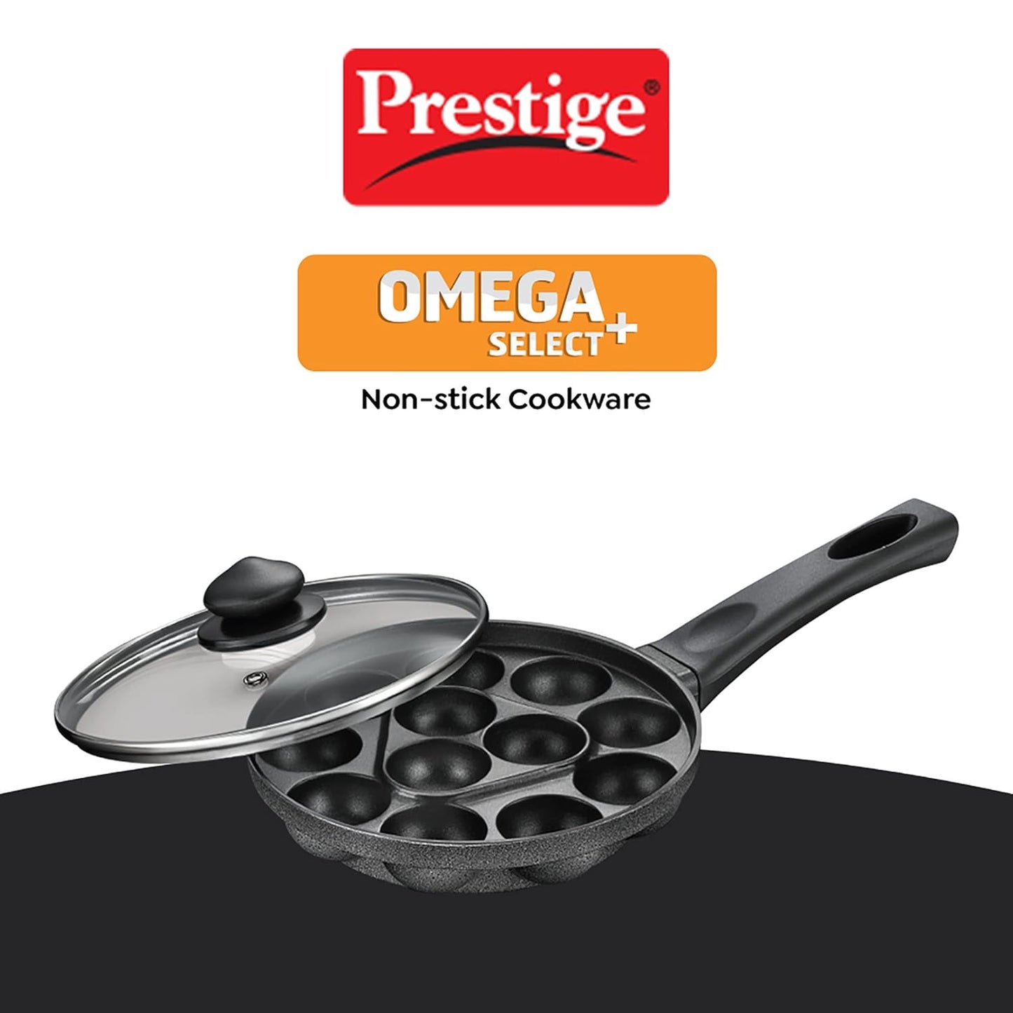 Prestige Omega Select Plus Non-Stick Paniyarakkal with lid (Appe Maker)|12 pits| 20cm|Residue Free Coating |Metal Spoon Friendly