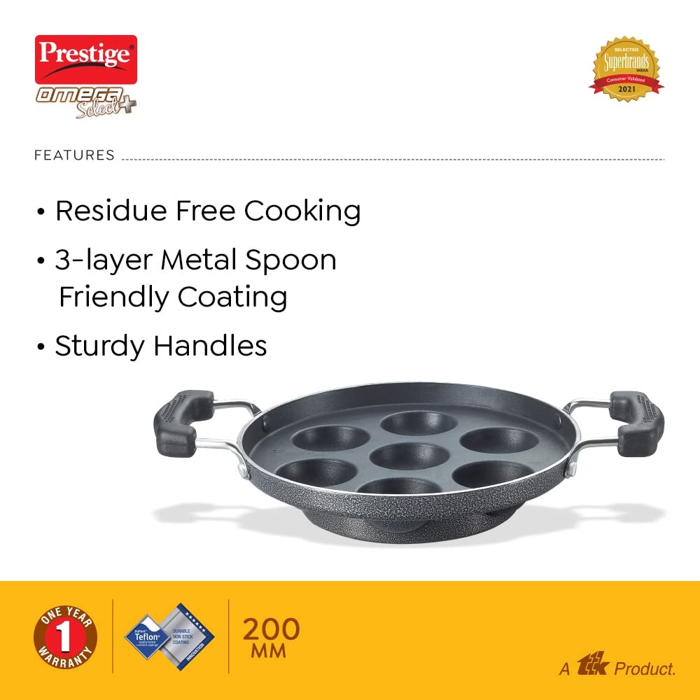 Prestige Omega Select Plus Non Stick Paniyarakkal | Black  |Residue Free Coating |Metal Spoon Friendly | Ergonomic Handle