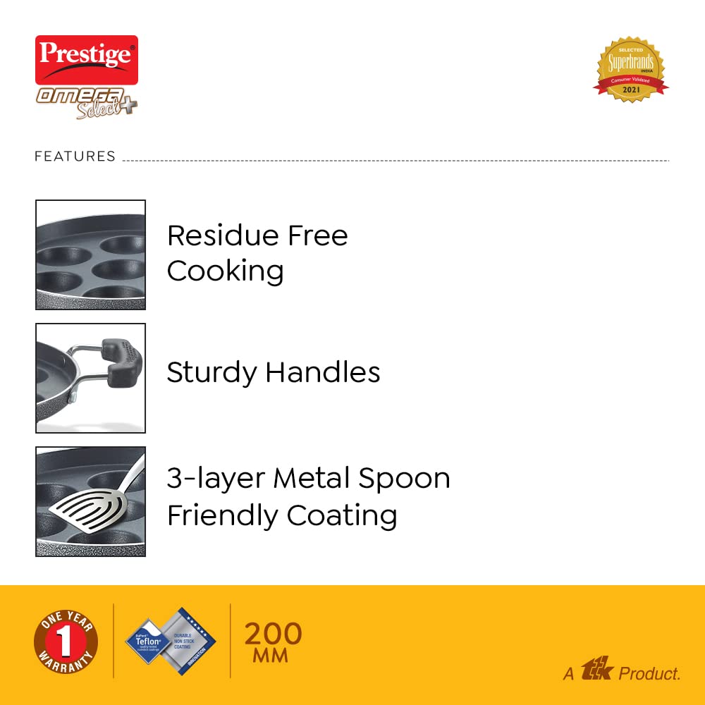 Prestige Omega Select Plus Non Stick Paniyarakkal | Black  |Residue Free Coating |Metal Spoon Friendly | Ergonomic Handle