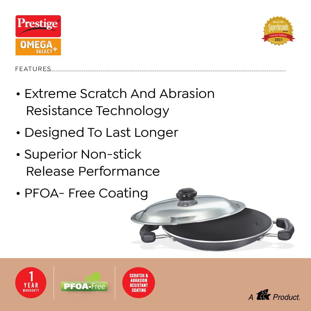 Prestige Omega Select Plus Aluminium Residue Free Non-Stick Appachetty with Lid, 20 cm, Black