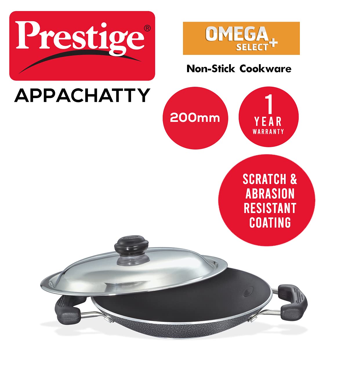 Prestige Omega Select Plus Non-Stick Deep Appachetty with Lid | Black | 20 cm | Residue Free | Scratch Resistant | Comfortable Grip | Spoon Friendly