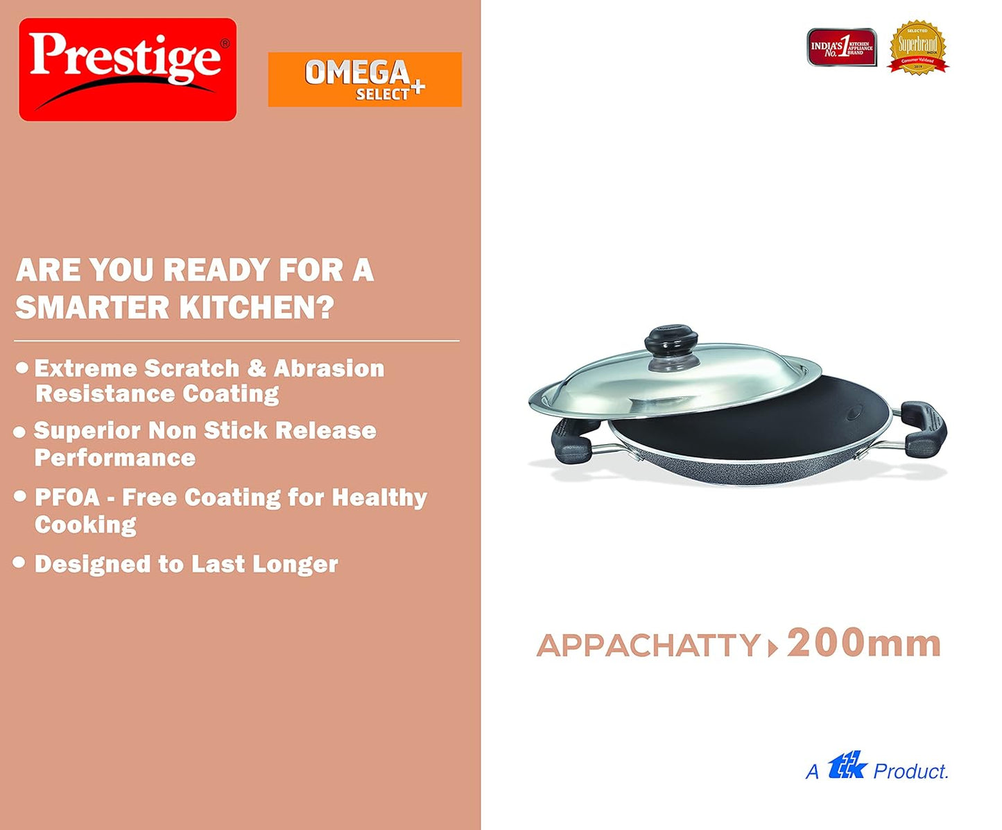 Prestige Omega Select Plus Non-Stick Deep Appachetty with Lid | Black | 20 cm | Residue Free | Scratch Resistant | Comfortable Grip | Spoon Friendly