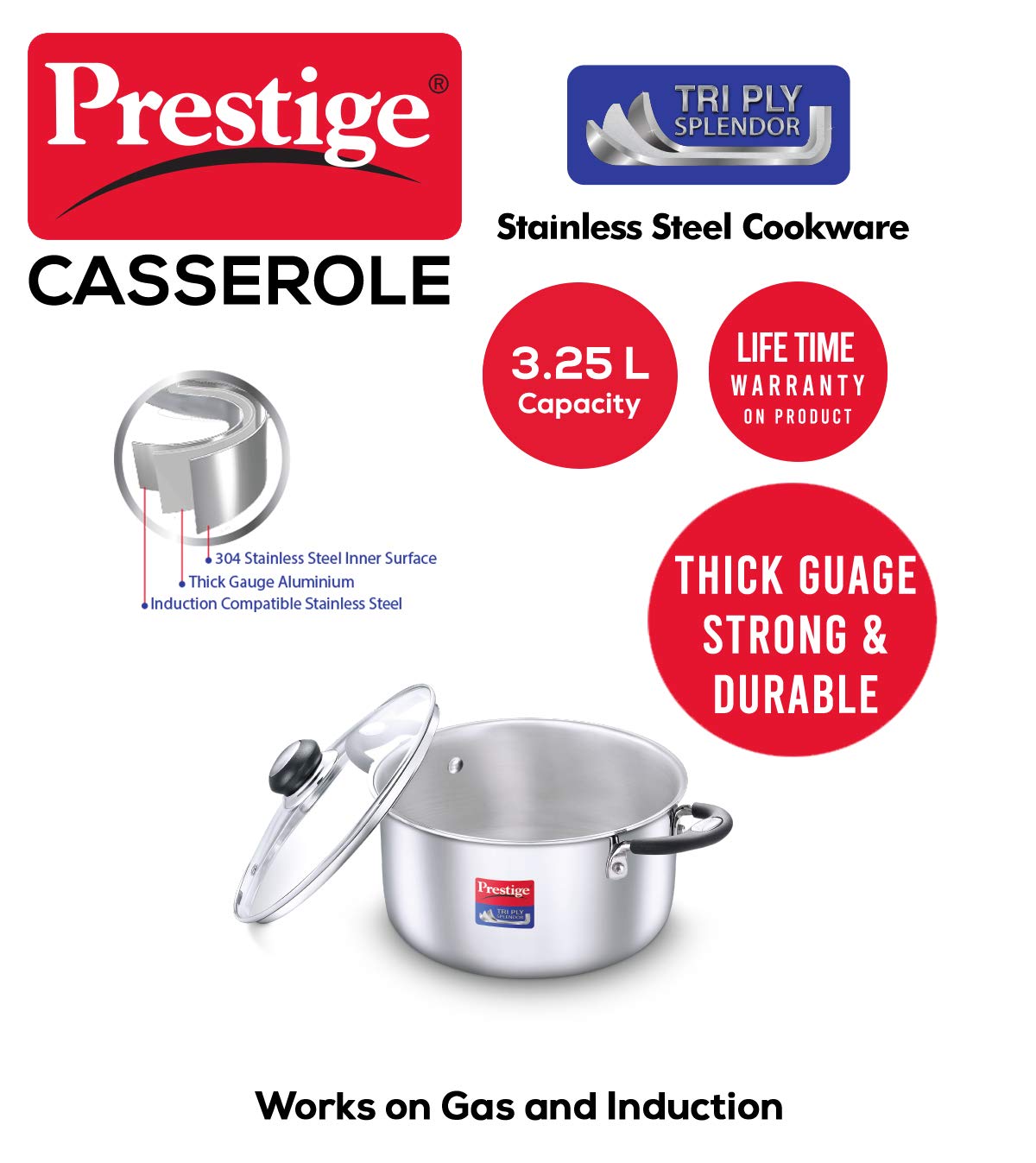 Prestige Tri-Ply Stainless Steel Splendor Casserole with Glass Lid|Gas and Induction Compatible| Even Heat Distribution|Strong and Durable| Perma-Cool Handles