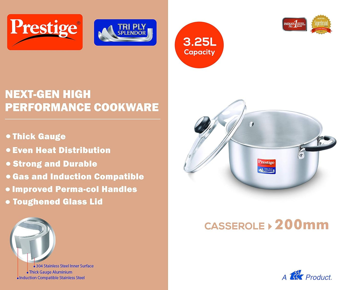 Prestige Tri-Ply Stainless Steel Splendor Casserole with Glass Lid|Gas and Induction Compatible| Even Heat Distribution|Strong and Durable| Perma-Cool Handles