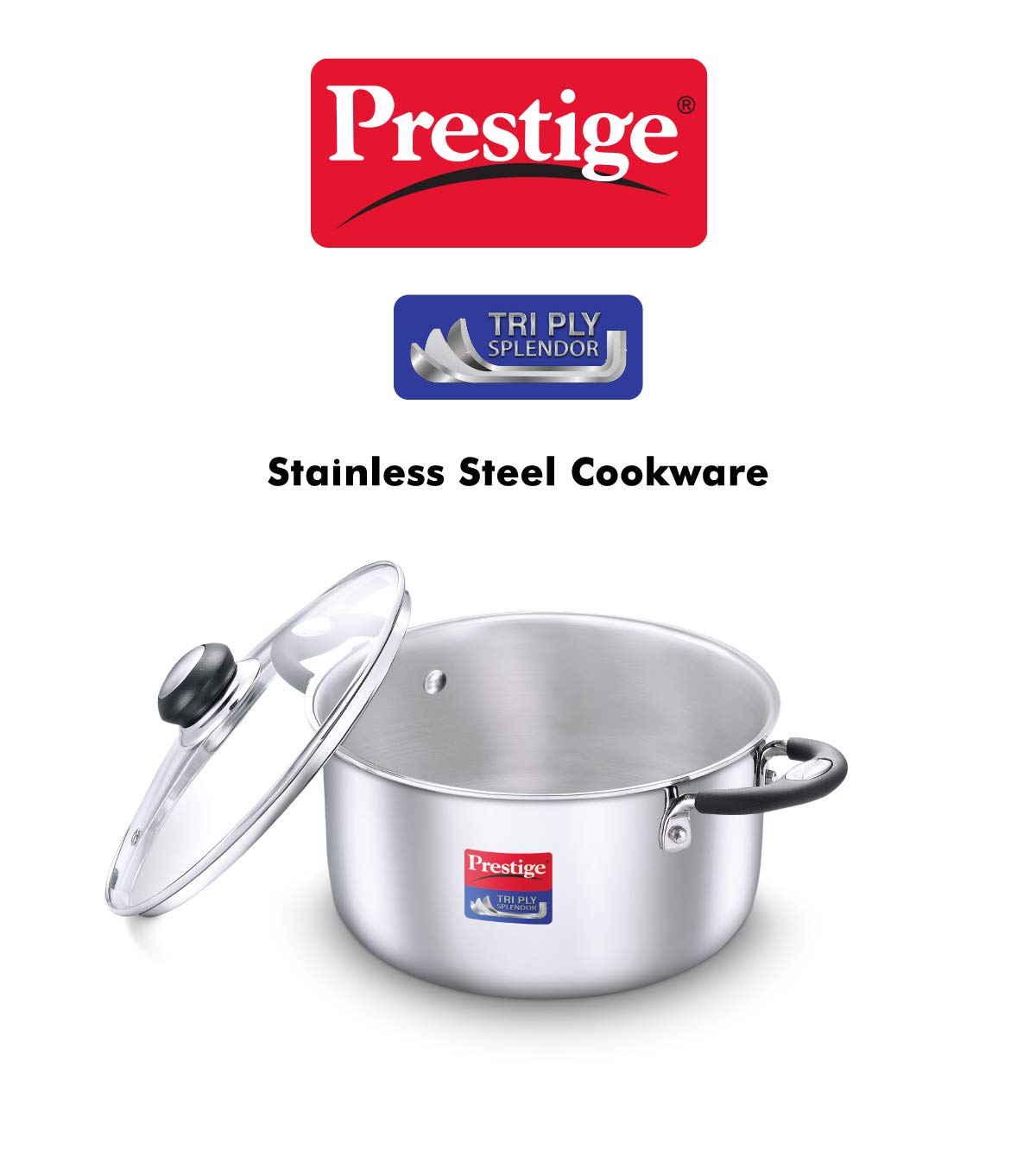 Prestige Tri-Ply Stainless Steel Splendor Casserole with Glass Lid|Gas and Induction Compatible| Even Heat Distribution|Strong and Durable| Perma-Cool Handles