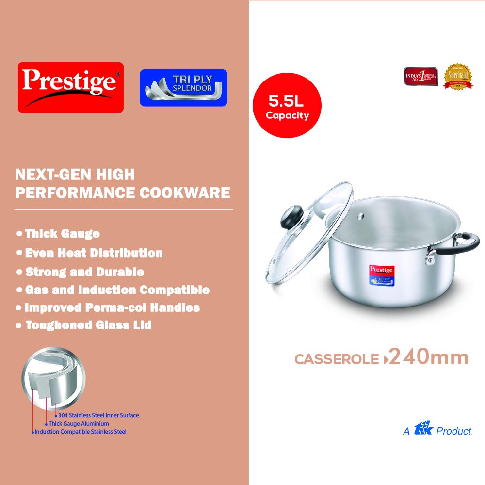 Prestige Tri-Ply Stainless Steel Splendor Casserole with Glass Lid|Gas and Induction Compatible| Even Heat Distribution|Strong and Durable| Perma-Cool Handles