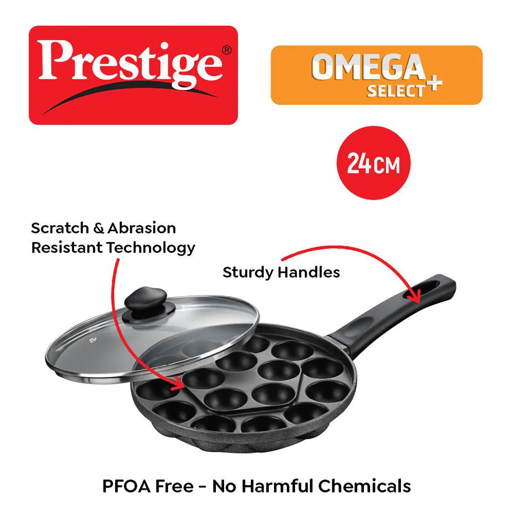 Prestige Omega Select Plus Non-Stick Paniyarakkal with lid (Appe Maker)|16 pits| 24cm|Residue Free Coating |Metal Spoon Friendly