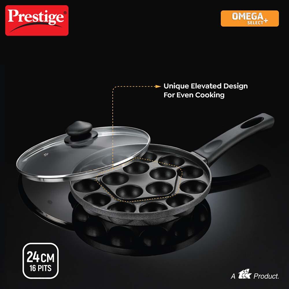 Prestige Omega Select Plus Non-Stick Paniyarakkal with lid (Appe Maker)|16 pits| 24cm|Residue Free Coating |Metal Spoon Friendly