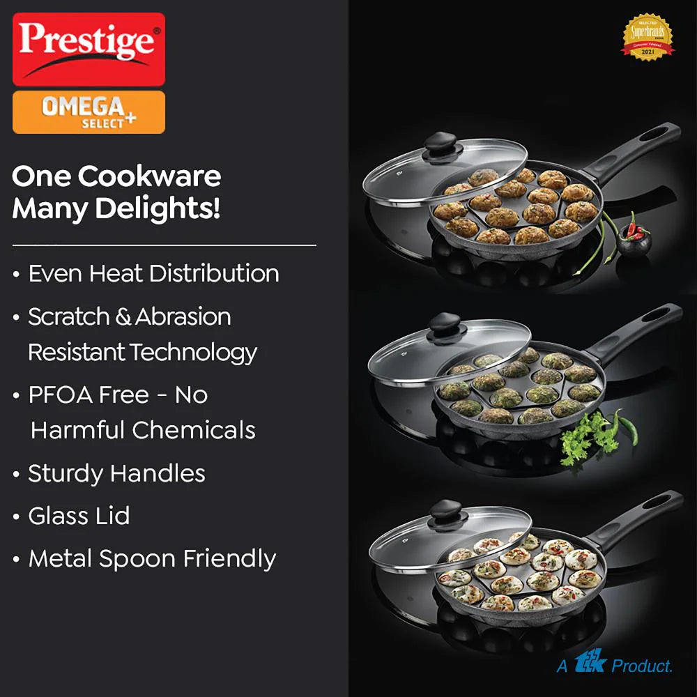 Prestige Omega Select Plus Non-Stick Paniyarakkal with lid (Appe Maker)|16 pits| 24cm|Residue Free Coating |Metal Spoon Friendly